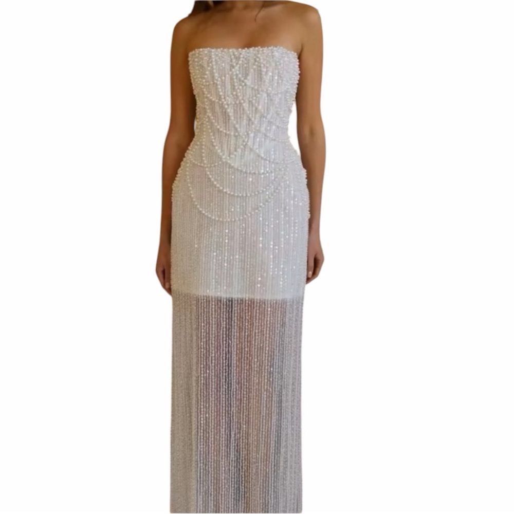 Strapless pearl Beaded shine sparkle embellished Illusion Evening Dress L XL NWT - Picture 7 of 15